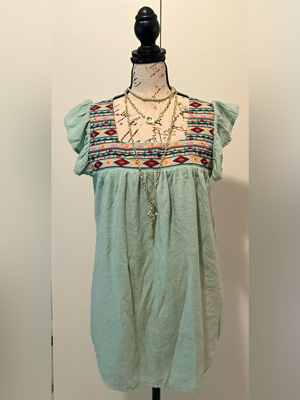 Mint Embroidered Flutter Sleeve Tunic Top